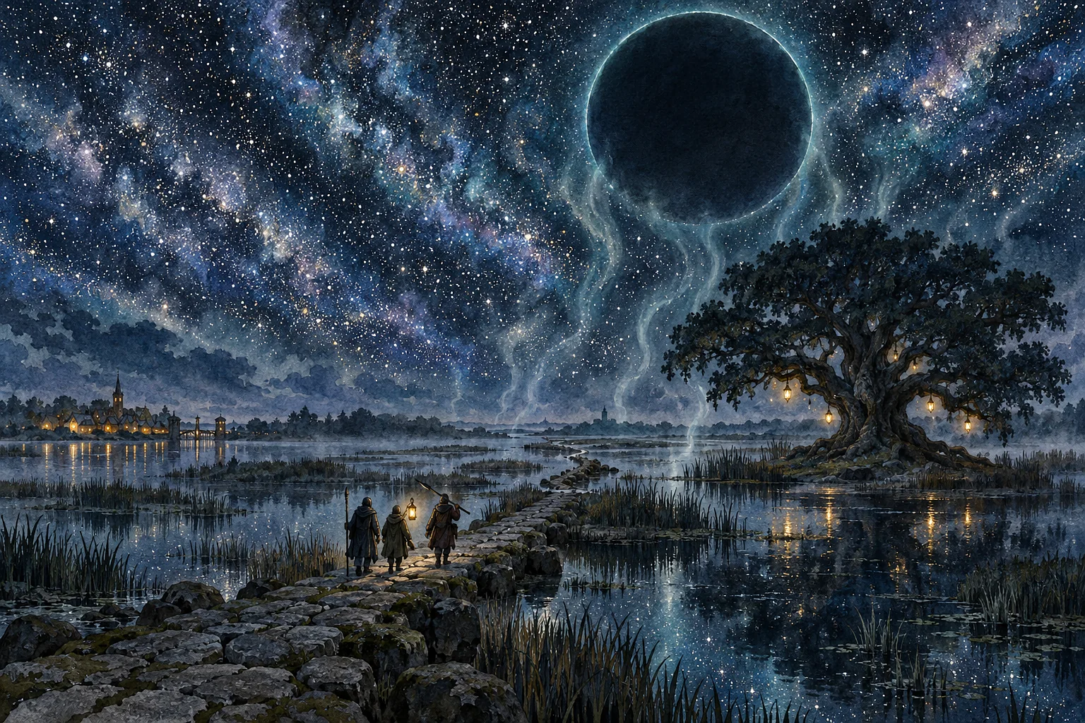 Night over the fens. Three travellers with a lantern walk a stone causeway toward a sky crowded with stars, where one great round dark place has no stars at all. A huge old tree hung with lanterns stands on an island to the right.