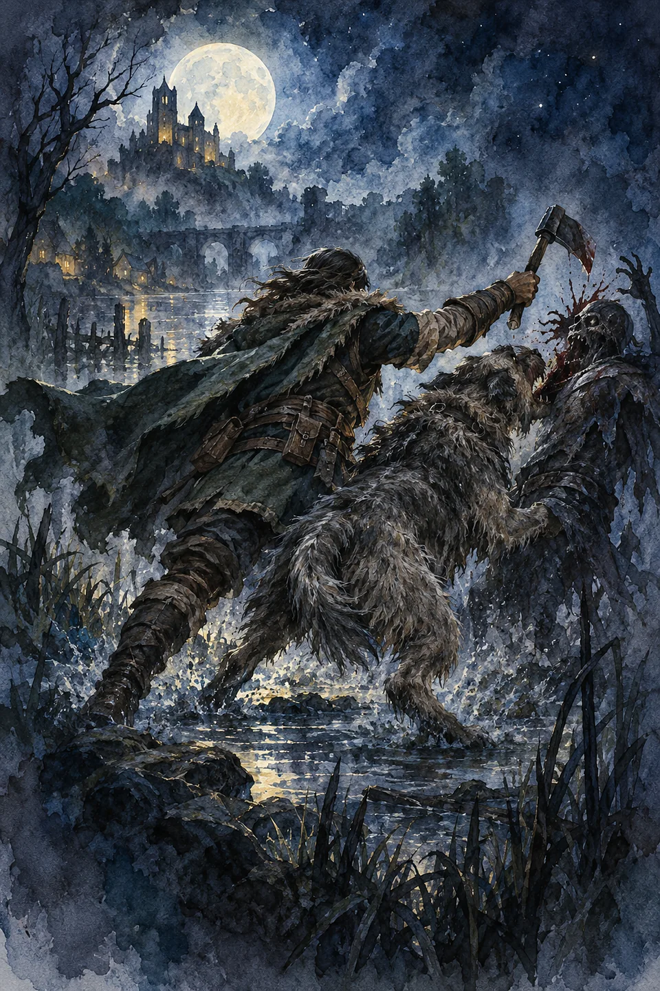 A painted fighter with a hatchet, mid-swing.