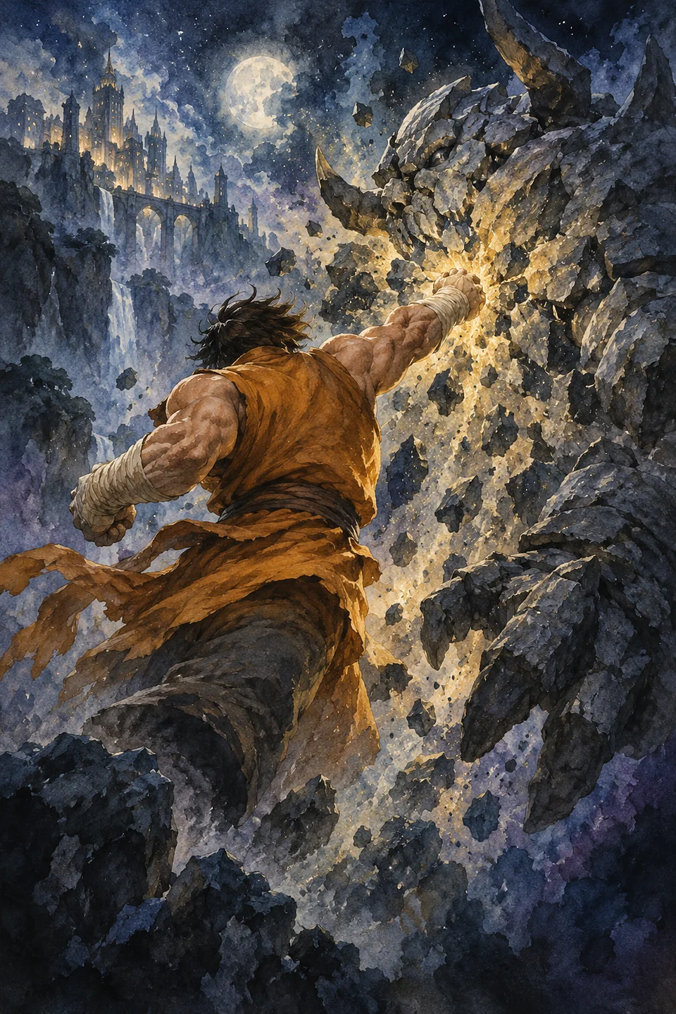 A bare-armed fighter's punch shatters a beast's stone plating.