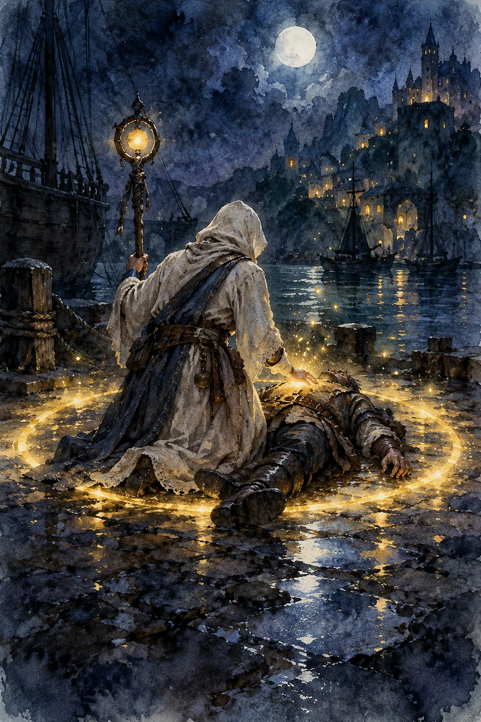 A healer kneels by a fallen crewmate inside a golden ring of light on the ground.