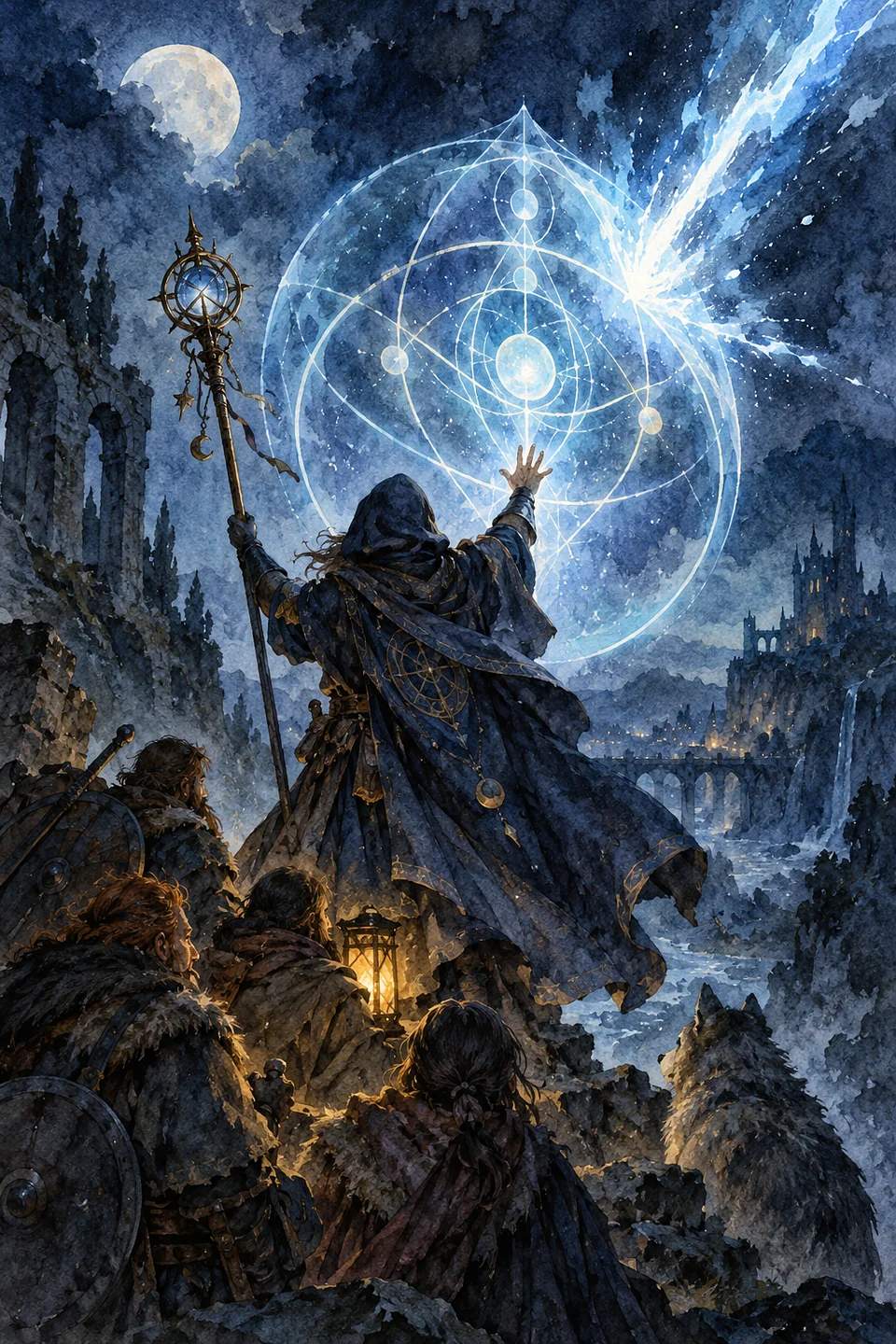 A figure with a staff draws a glowing rune that catches a falling spell.