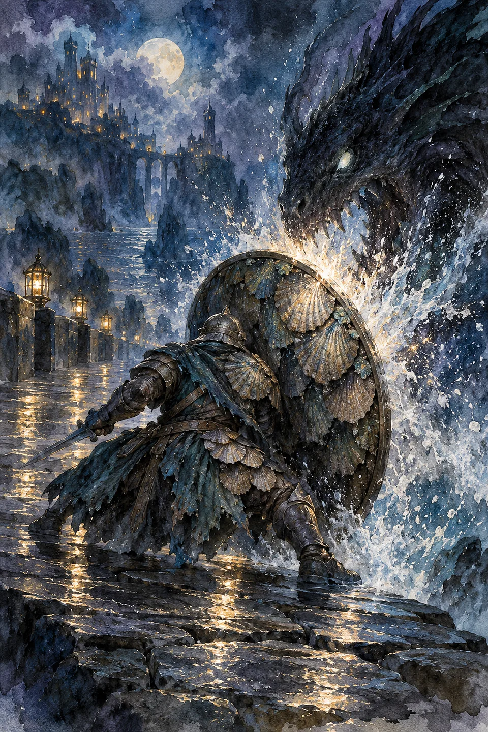 A fighter crouched behind a round shell shield as a beast's charge breaks against it.