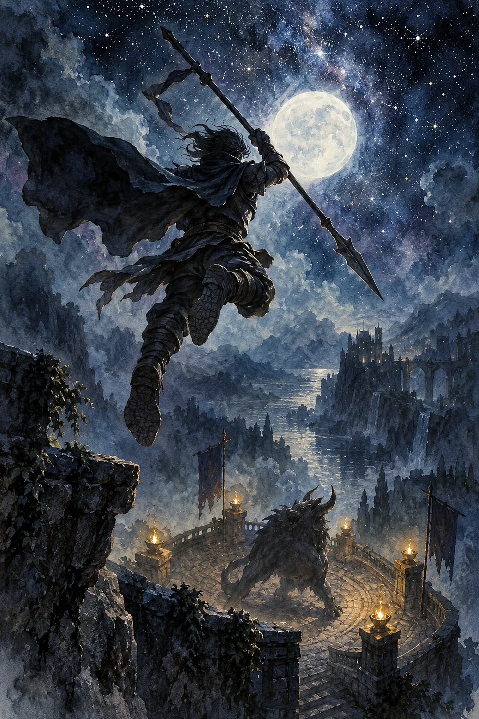A spear-carrier leaps high into the starry sky above a beast.