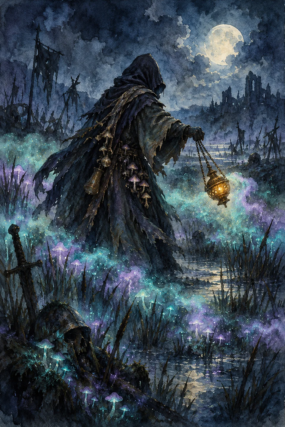 A hooded figure swings a censer and glowing spores drift over the reeds.