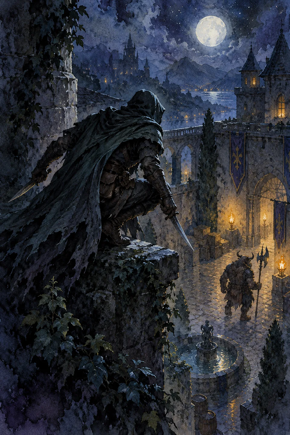 A cloaked figure with two knives crouches on a ledge above an unaware beast.
