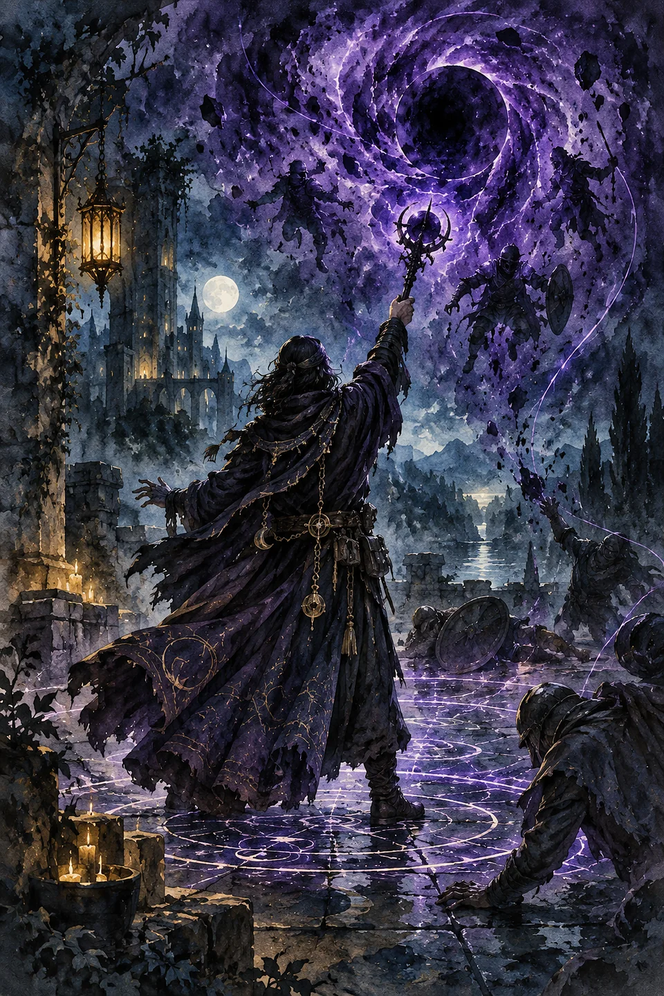 A figure with a rod calls down a sphere of violet darkness on enemies.