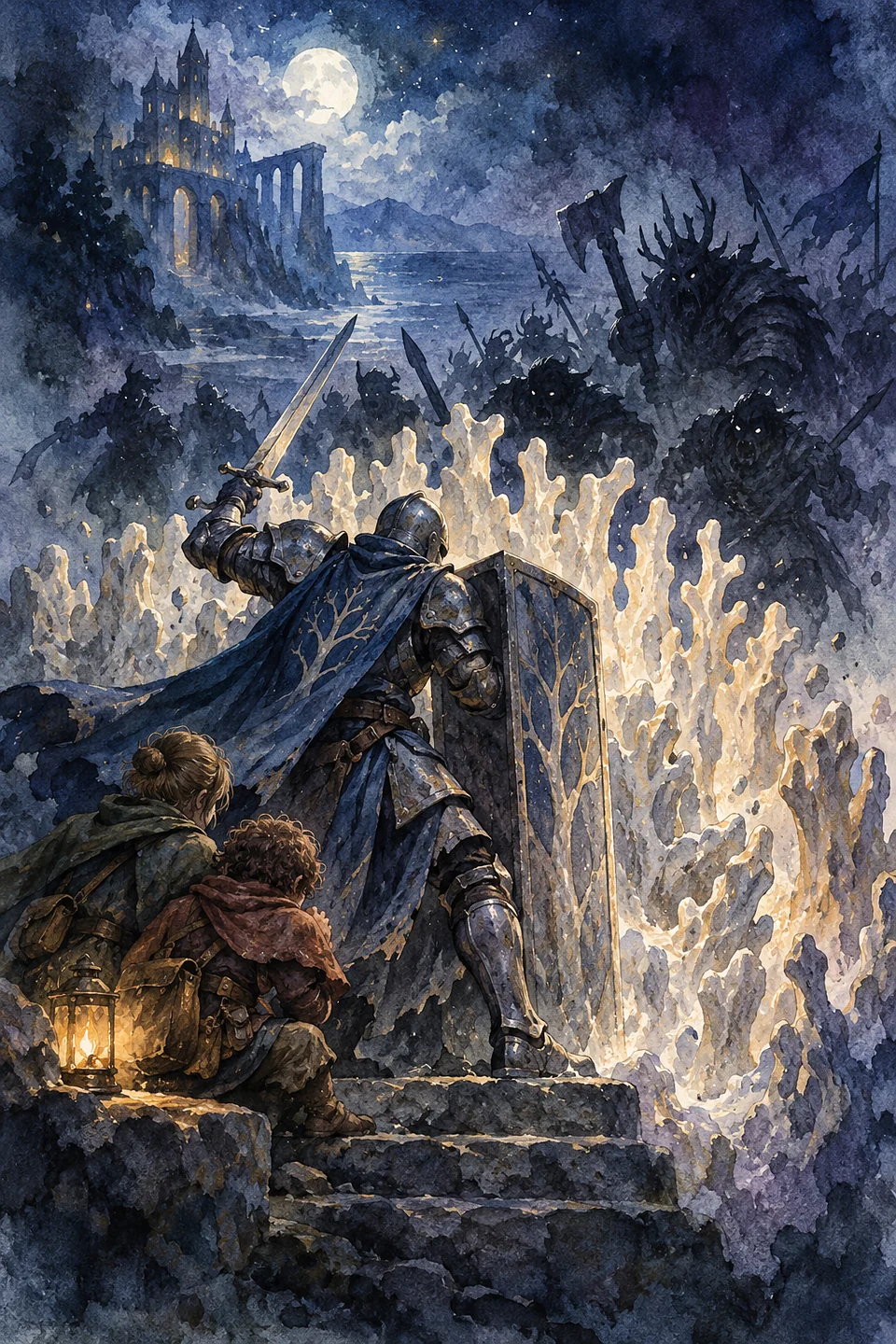 A fighter in plate holds a tall shield while a wall of pale stone grows up in front of the crew.