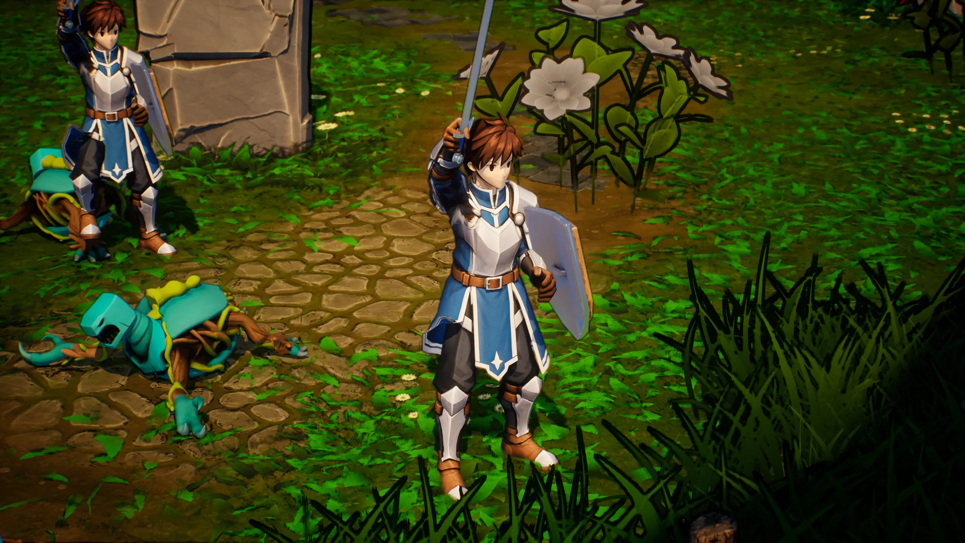 A Warden raises his sword after the last enemy falls.