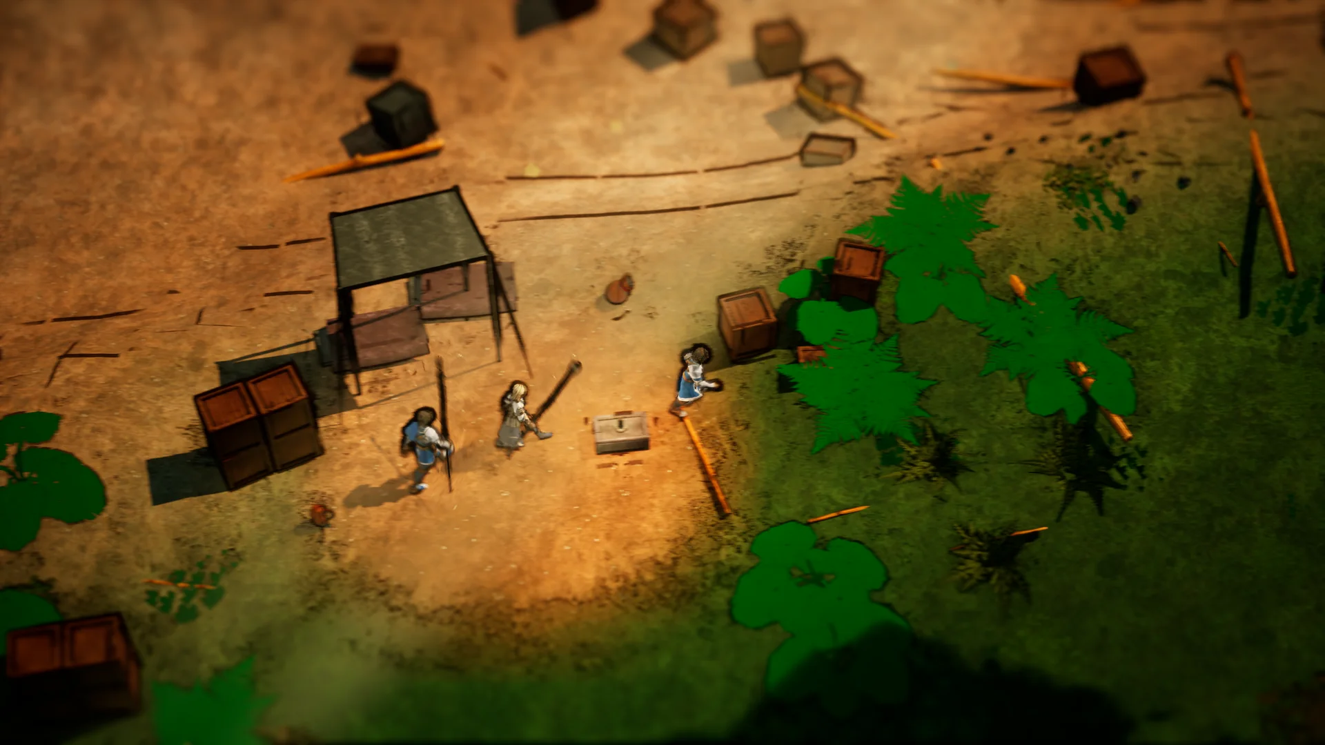 A salvage camp of crates and a lean-to in the forest by the wreck of the Dawnhauler.