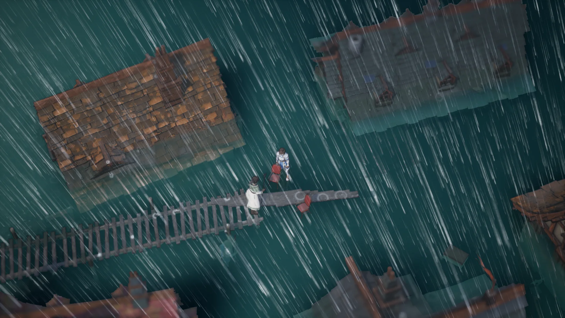 A storm over the Drowned Village: the crew crosses a broken walkway between flooded rooftops.