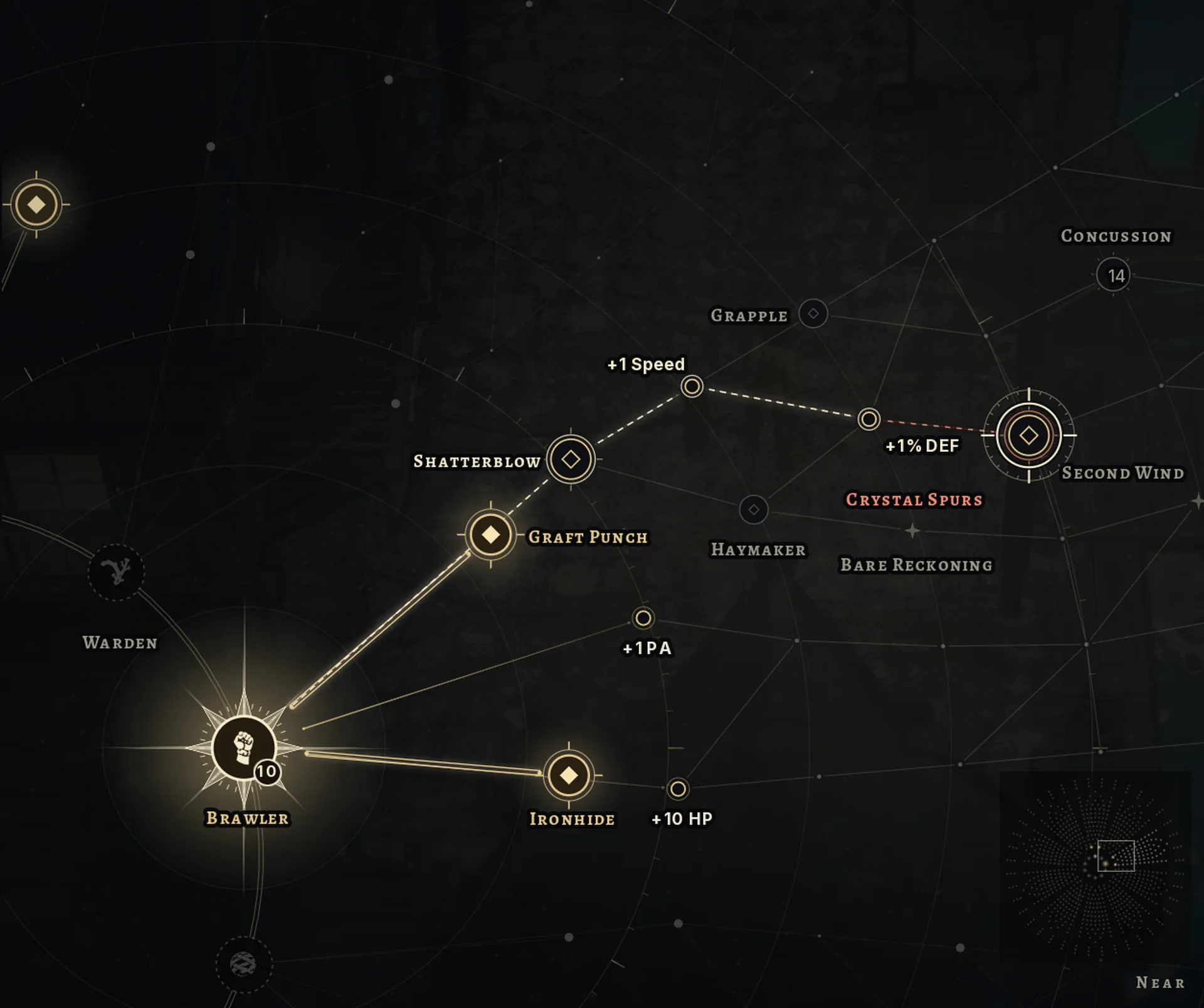 A job's skill web in the game: lit paths running from the Brawler out to its skills and stat bonuses.