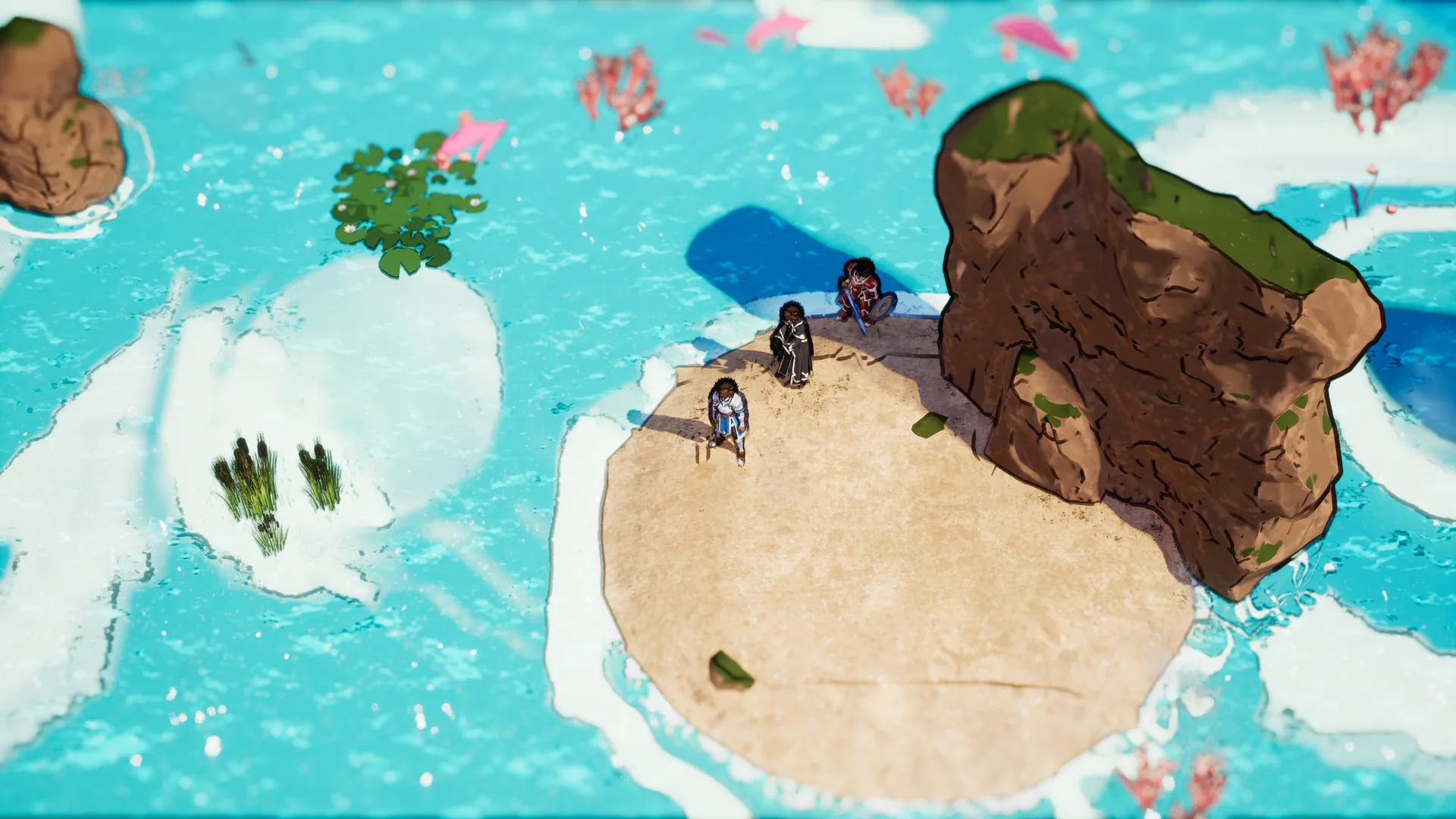 The crew on a sandbar under a sea stack on Renneth Stair's coral shore.